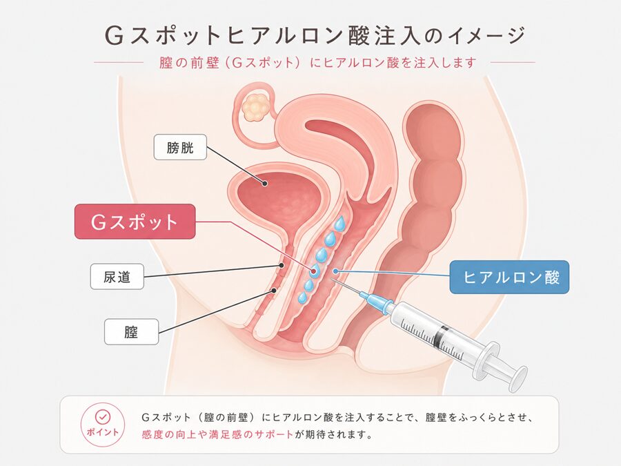 Gスポットヒアルロン酸注射は、一般に「Gスポット」と呼ばれている腟前壁の領域へ、ヒアルロン酸製剤を注入する自由診療です。